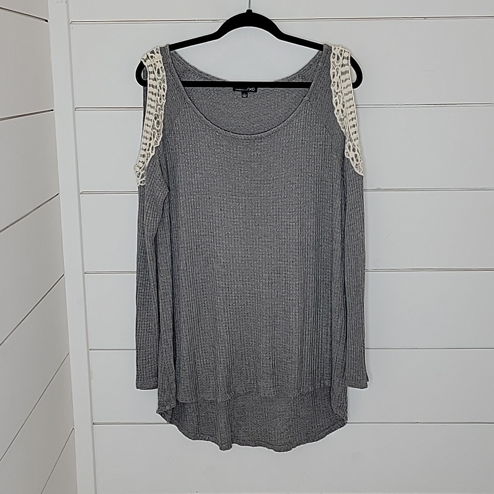 RXB large grey waffle knit shirt with cream crochet peek a boo shoulders